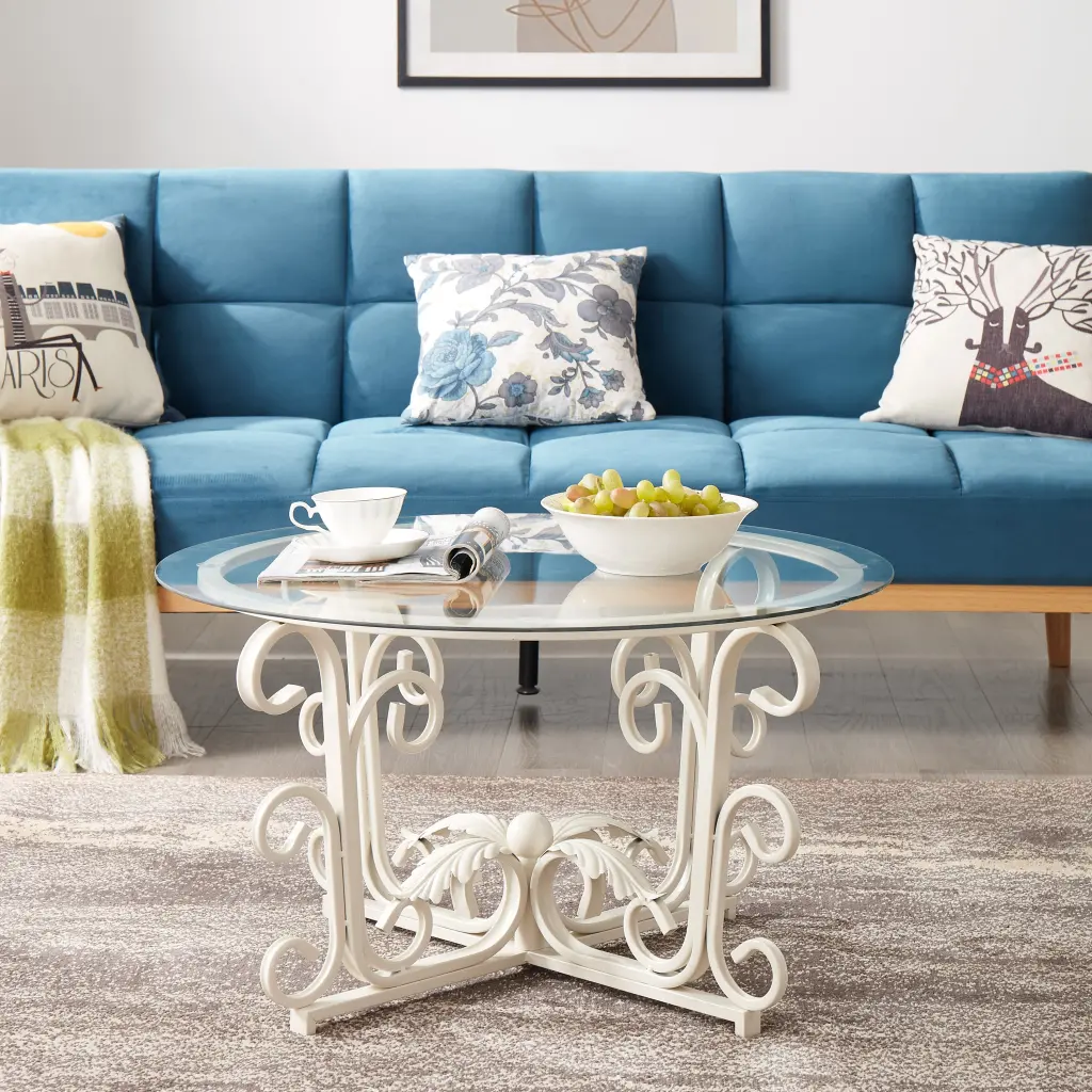 Glass Coffee Table Robust Iron Leaf Design Base Living Room rnb
