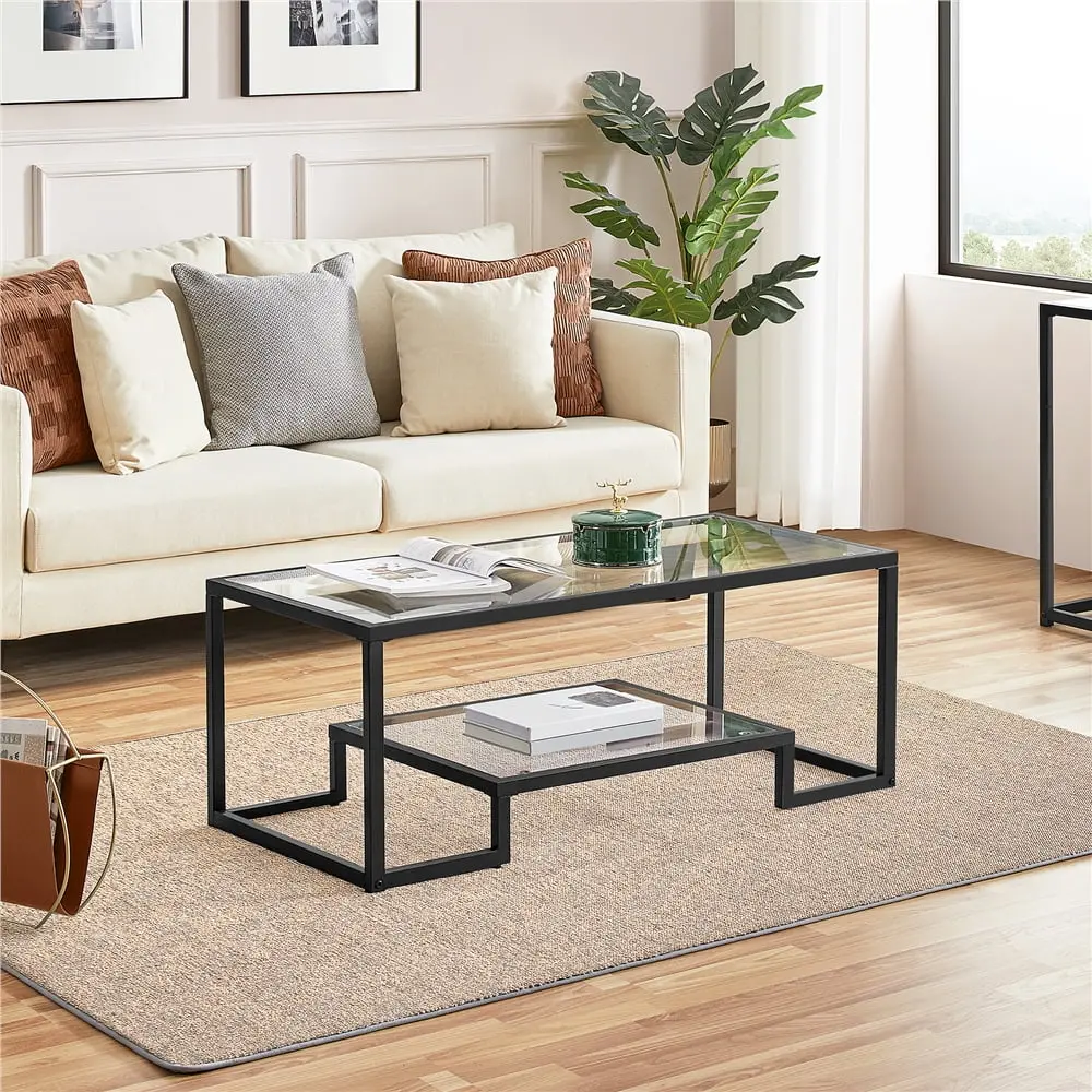 Smile Mart Modern Black Glass Coffee Table Metal Frame