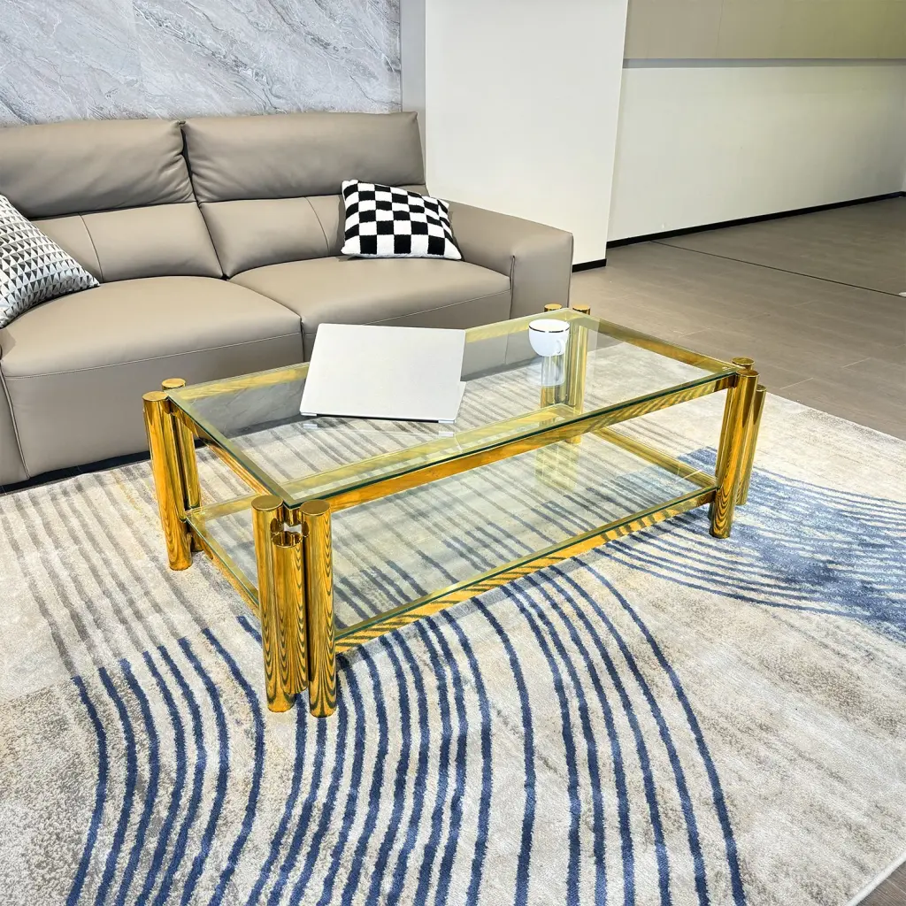 Golden Stainless Steel Double Layer Clear Tempered Glass Coffee Table t2949