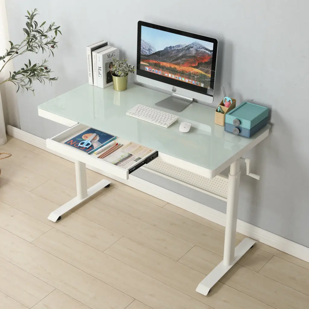 48 x 24 Inches Tempered Glass Standing Desk Metal Drawer Adjustable rnb