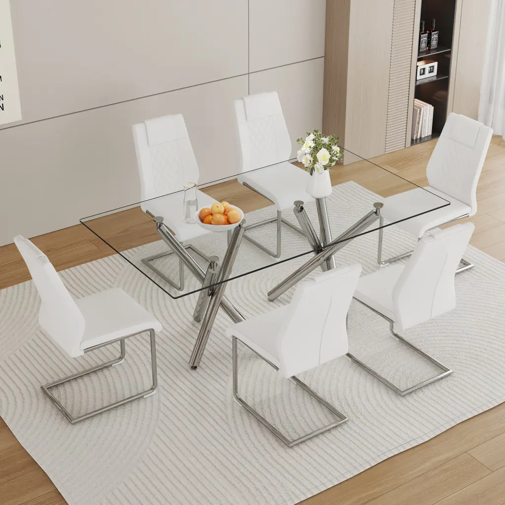 Large Minimalist Rectangular Glass Dining Table and Chair Set 4 droom w-1151