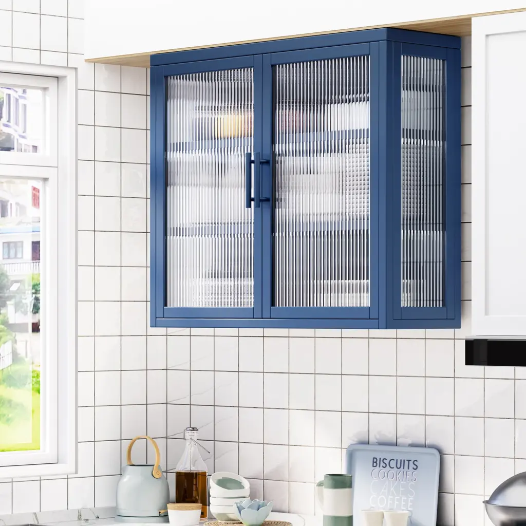 Retro Style Haze Double Glass Door Wall Cabinet Detachable Shelves rnb