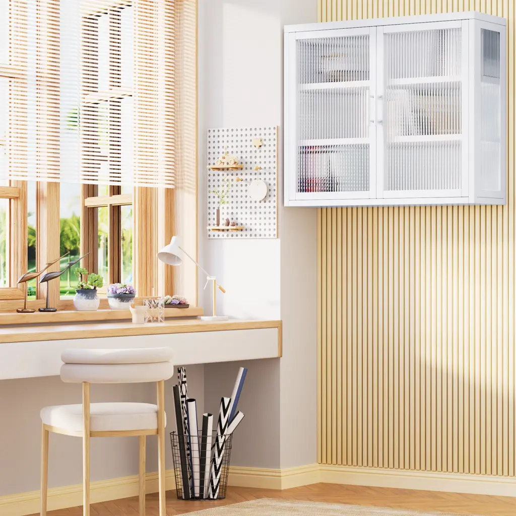 Retro Style Haze Double Glass Door Wall Cabinet Detachable Shelves Vintage Storage Solution rnb