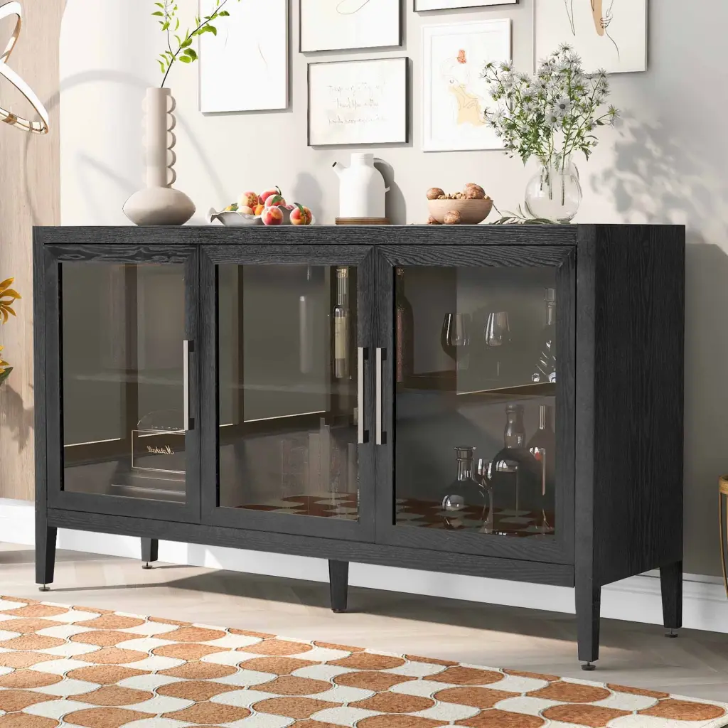 Wooden Storage Cabinet 3 Tempered Glass Doors and Customizable Shelves u_style