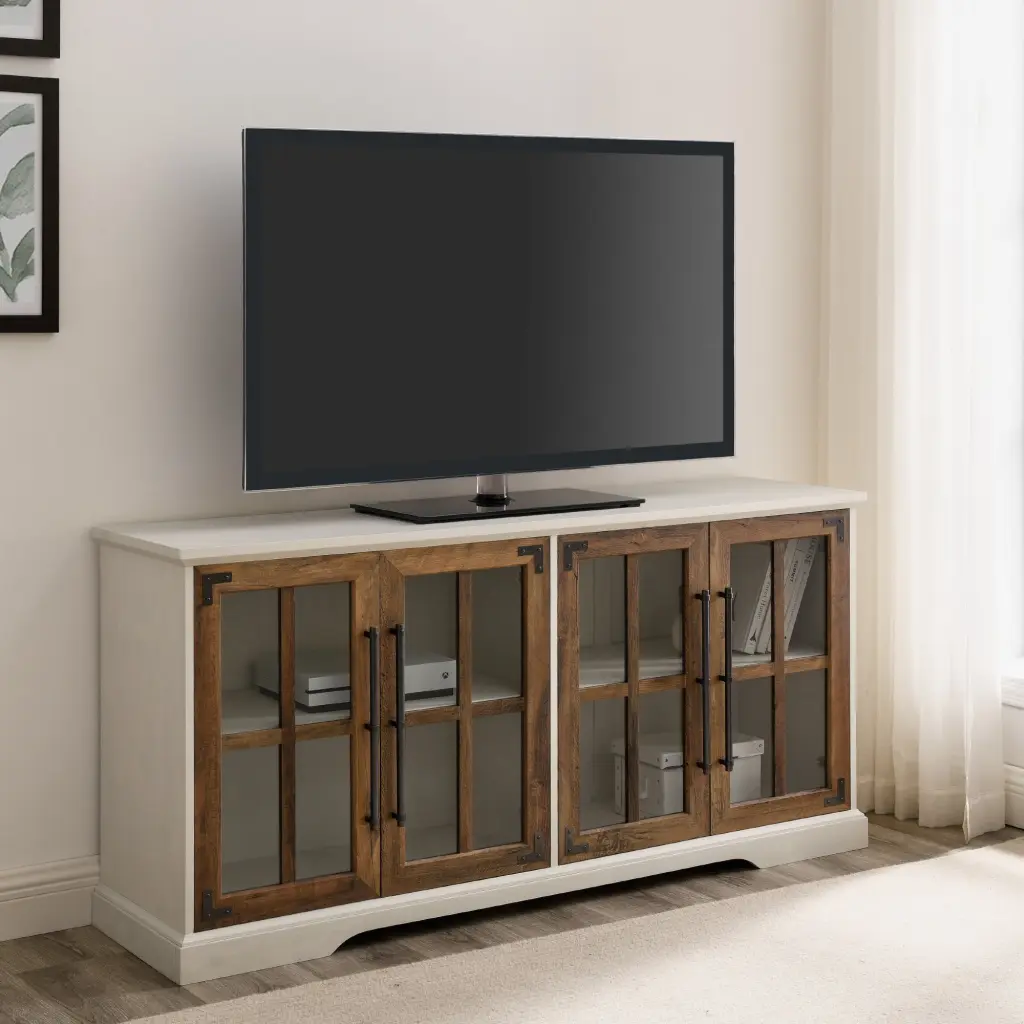 Walker Edison Transitional Farmhouse Glass Door TV Stand 65 Inch TVs White Rustic Oak
