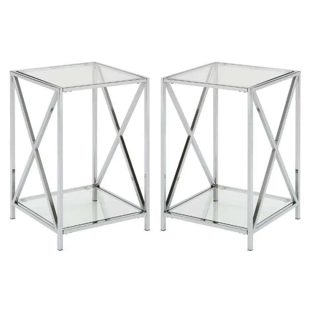 Home Square Chrome End Table Clear Glass Shelves - Set 2