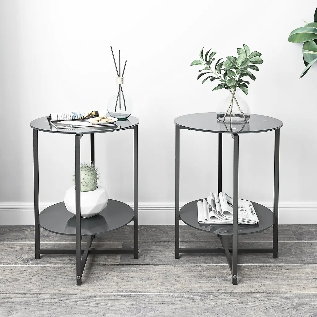 2 Piece Set Black Tempered Glass End Table Round Coffee Table Bedroom jws-w241