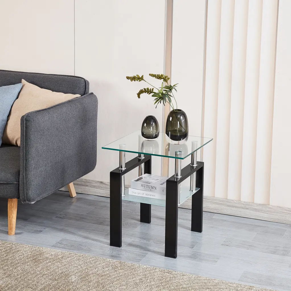 Tempered Transparent Glass End Table 2 Layers Small Table Storage Shelf rnb