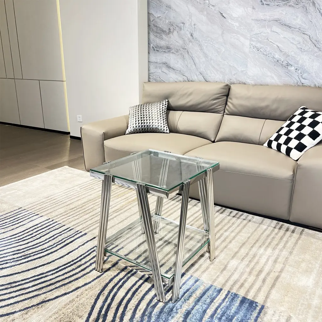 Silver Stainless Steel Double Layer Clear Tempered Glass End Table t2949
