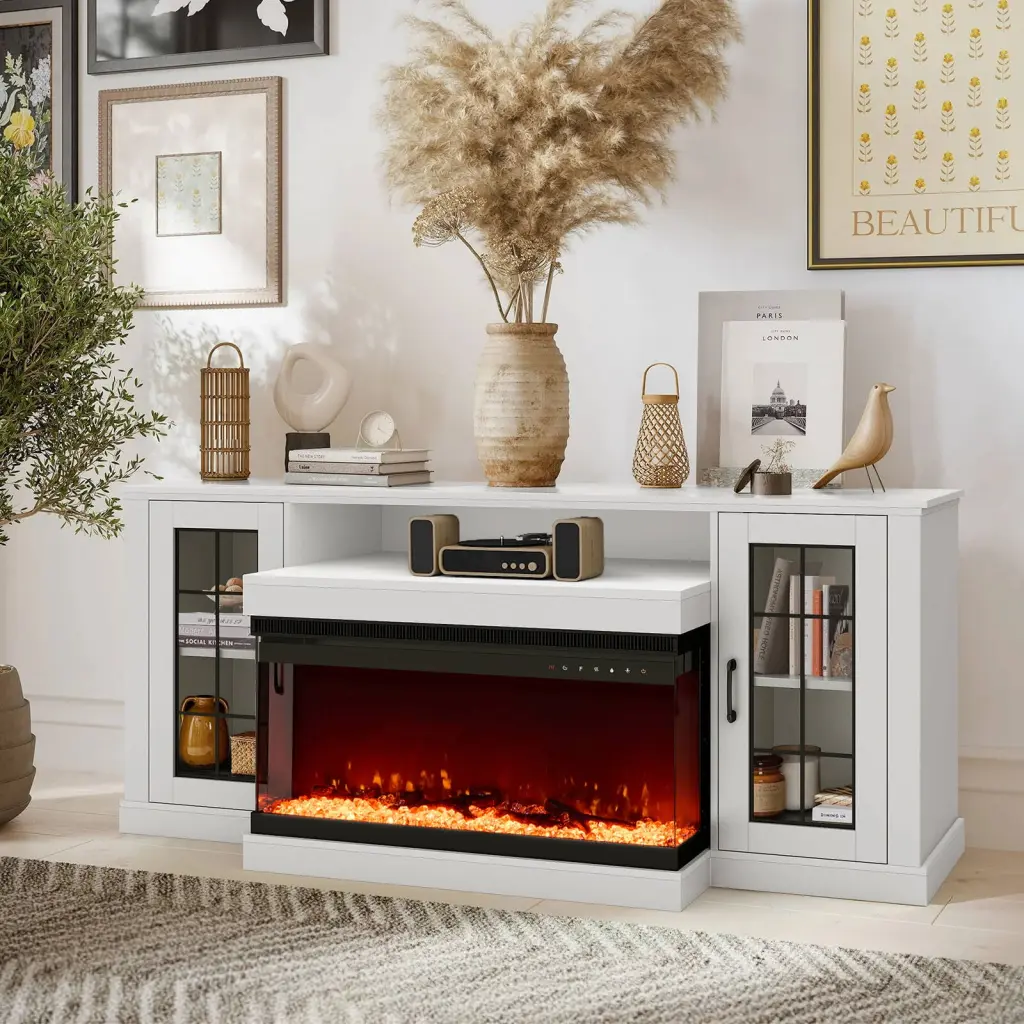 Hommow 3-Sided Glass Fireplace TV Stand TVs Up to 70 Inches 9 Color LED Lights Modern Living Room Entertainment Center