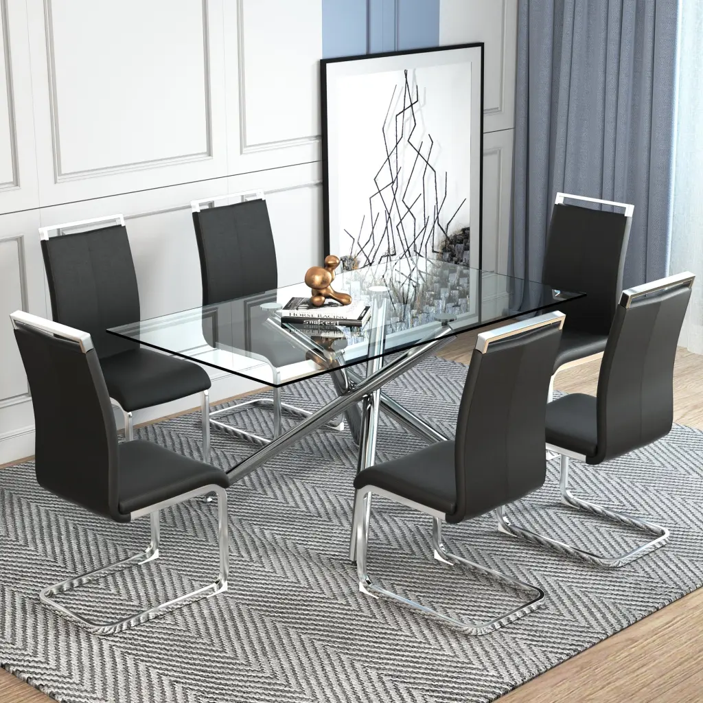 Modern Opulent Transparent Tempered Glass Dining Table and Chair Set, Contemporary Kitchen Furniture droom w-1151