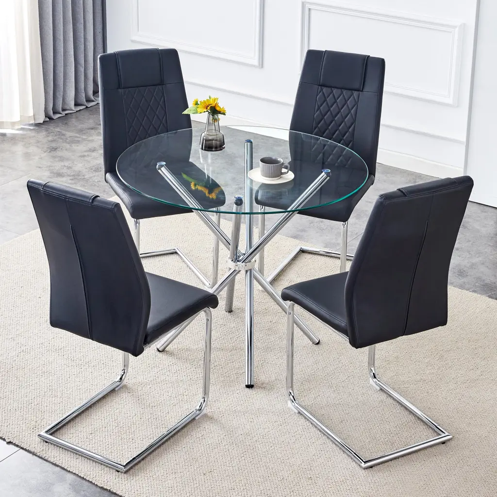 36.6 Inch Round Clear Glass Dining Table Unique Chair Set droom w-1151
