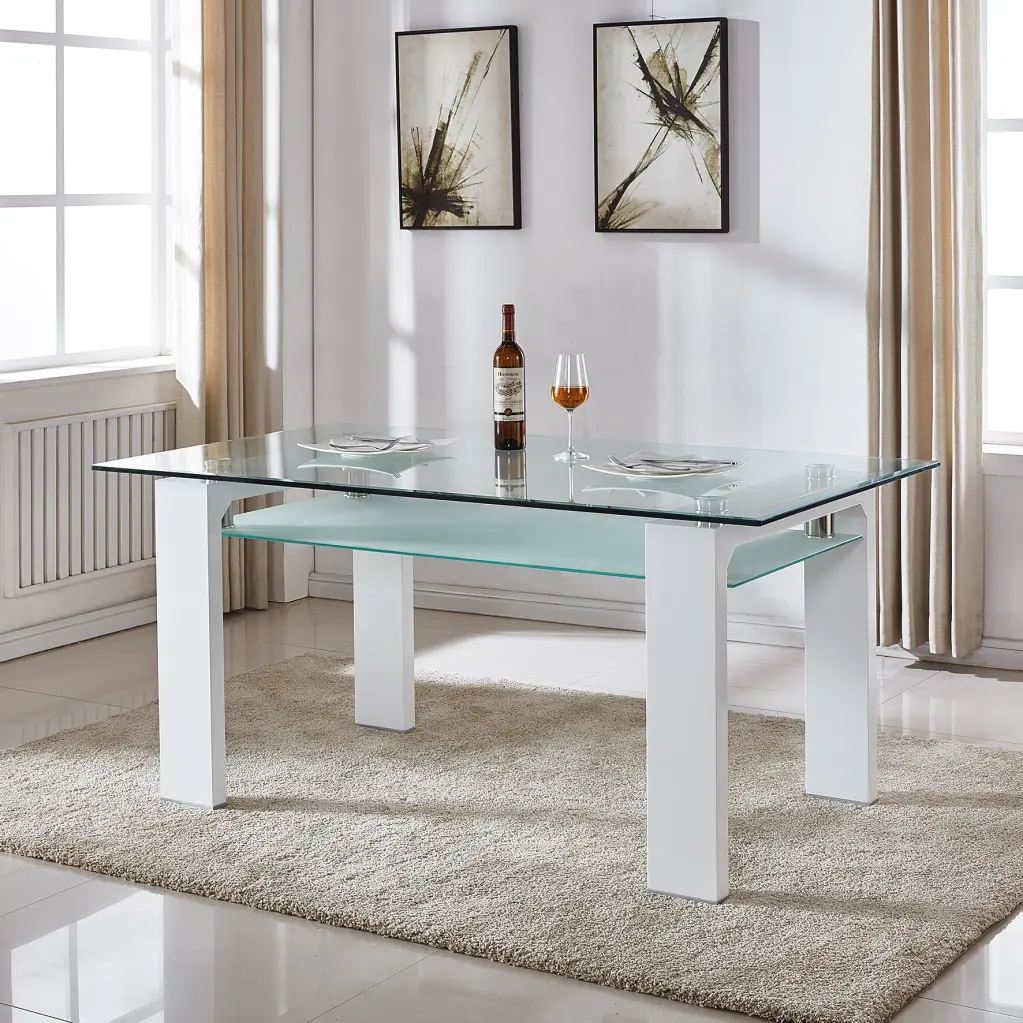 Double Layer Tempered Glass Rectangular Dining Table White w1241 artisan furniture