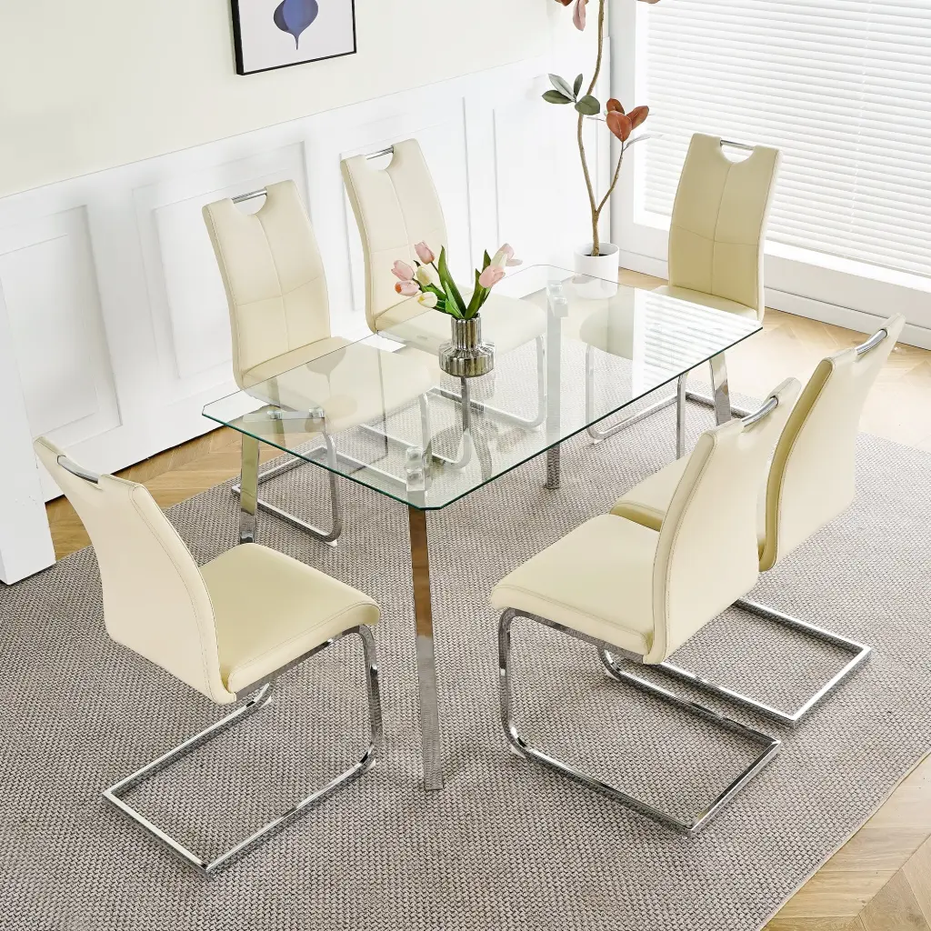 Modern Effortless Table Glass Square Table And Six Chairs Transparent youngmagic