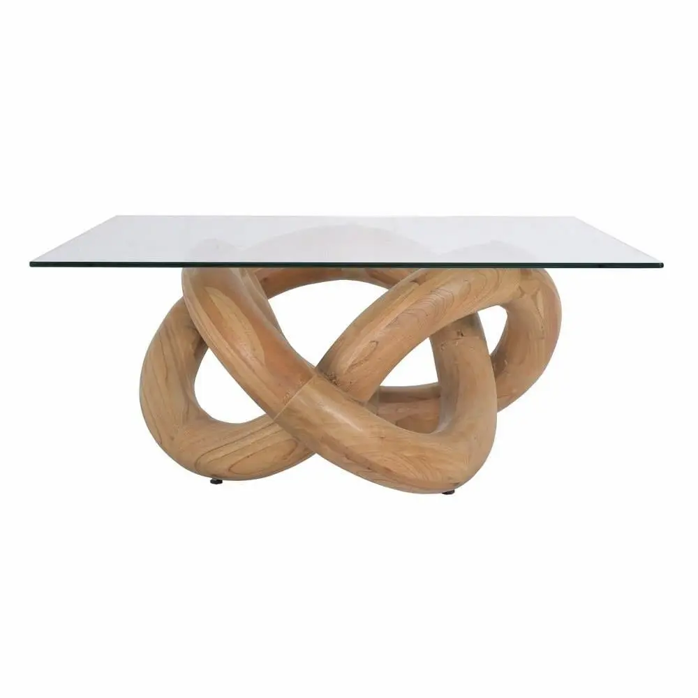 Modern Coastal Square Glass Top Coffee Table Sculptural Knot Base 36 Inches W Natural Wood Finish Bailey Street