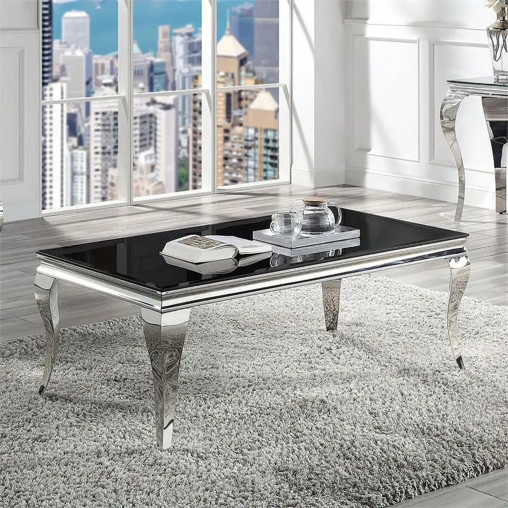 Bowery Hill Glam Glass Top Coffee Table Black and Silver Finish - Elegant Living Room Centerpiece
