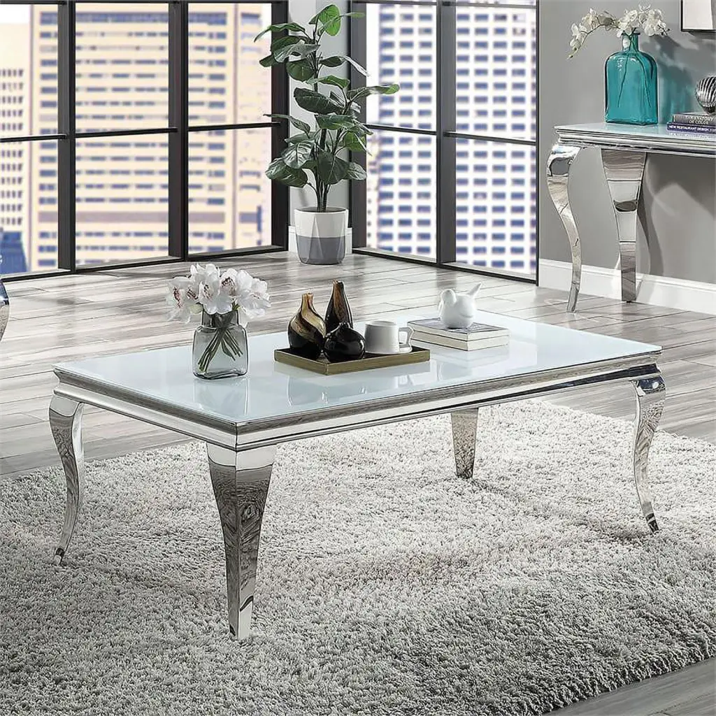 Bowery Hill Glam Glass Top Coffee Table White and Silver Finish