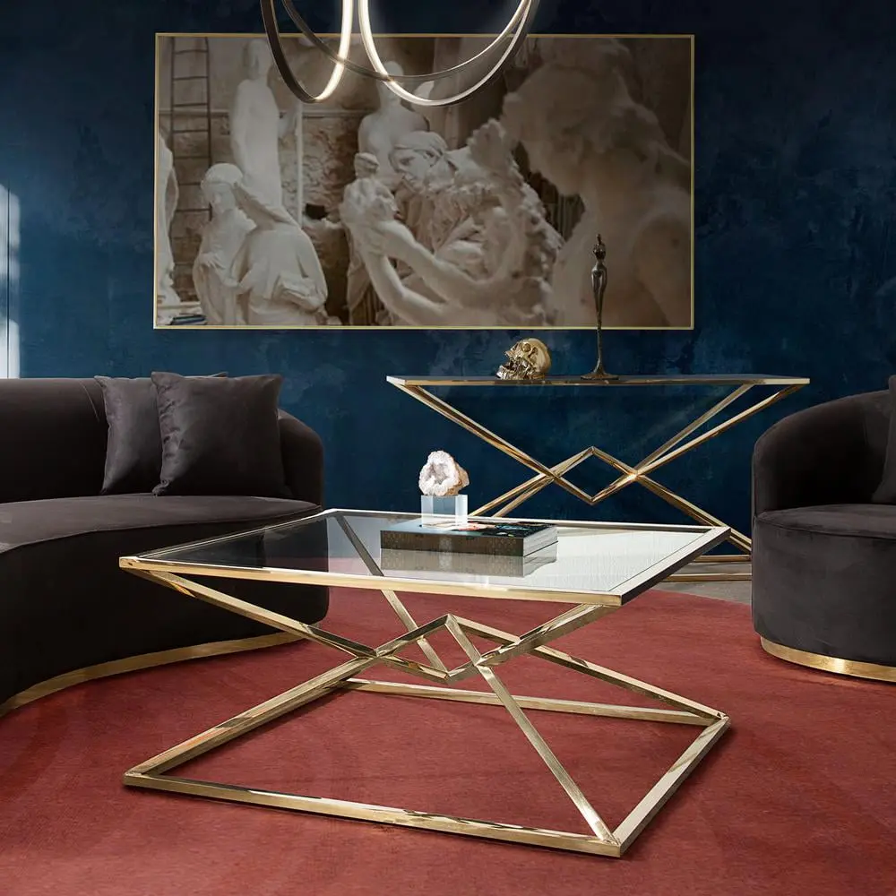 Diamond Sofa Aria Square Stainless Steel Cocktail Table Polished Gold Finish Base and Clear Tempered Glass Top
