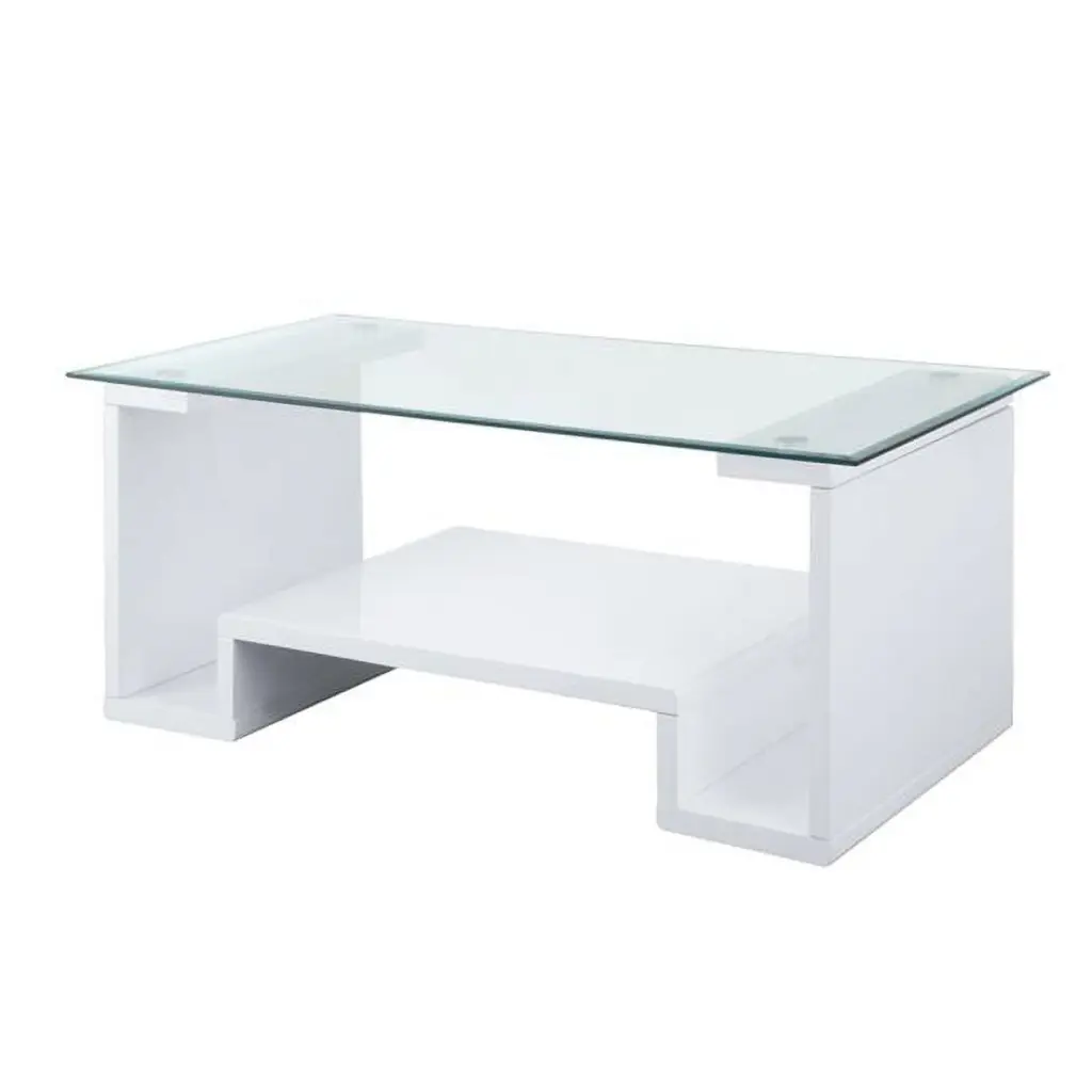 19 x 47 x 24 Inch White Clear Glass and Manufactured Wood Rectangular Coffee Table Shelf Fancy Fixtures