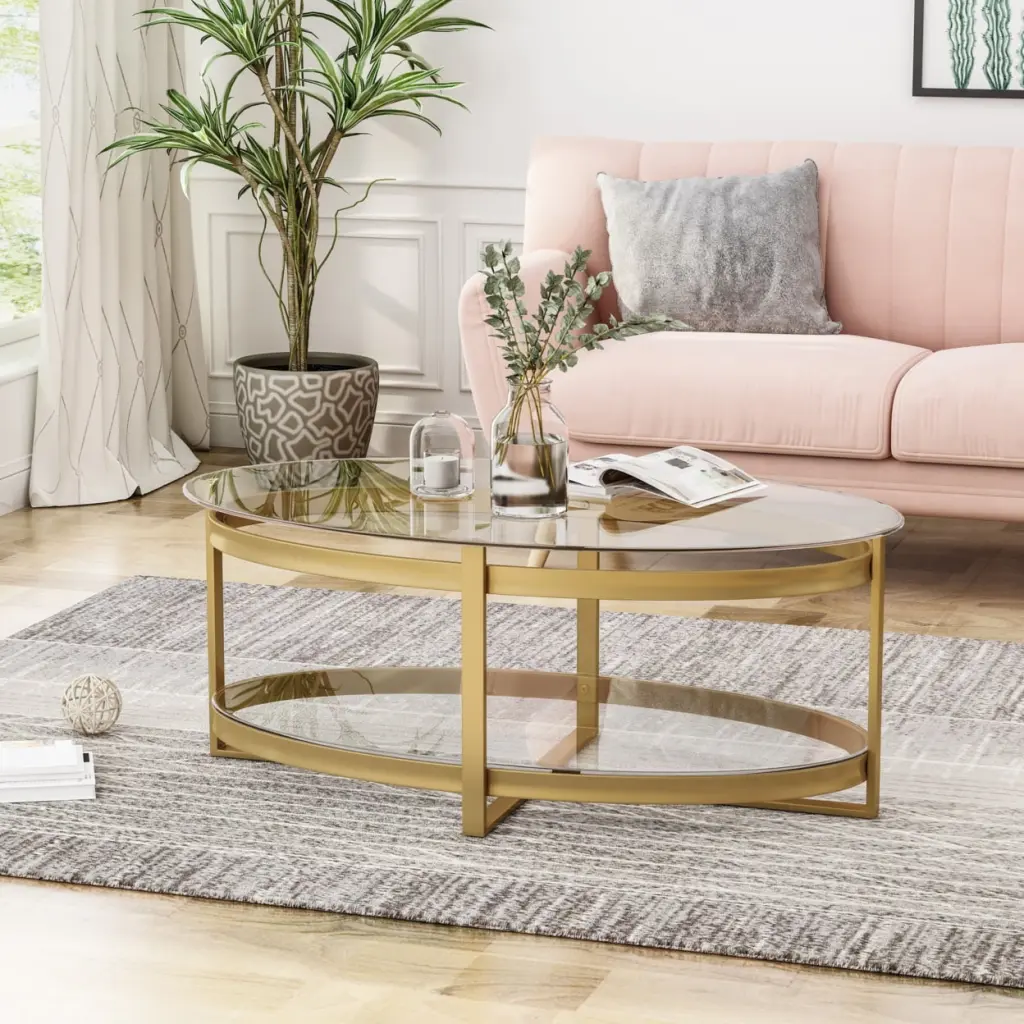 GDF Studio Bell Modern Glam Tempered Glass Oval Coffee Table Brass GDFSTUDIO