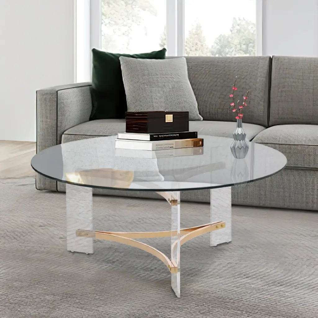 Hale 41 Inch Round Coffee Table Glass Top Acrylic Legs Clear Gold Modern Living Room Table Saltoro Sherpi