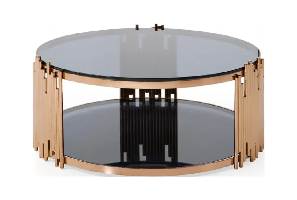 Modrest Bryce Modern Smoked Glass Rosegold Round Coffee Table - Contemporary Living Room Centerpiece Wobythan
