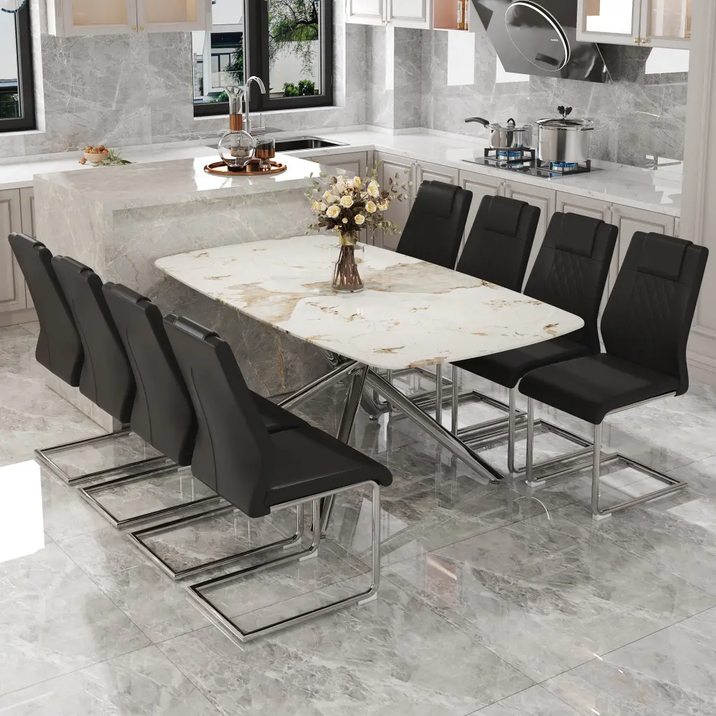 Modern Opulent White Marble Patterned Tempered Glass Table and Chair Set droom w-1151