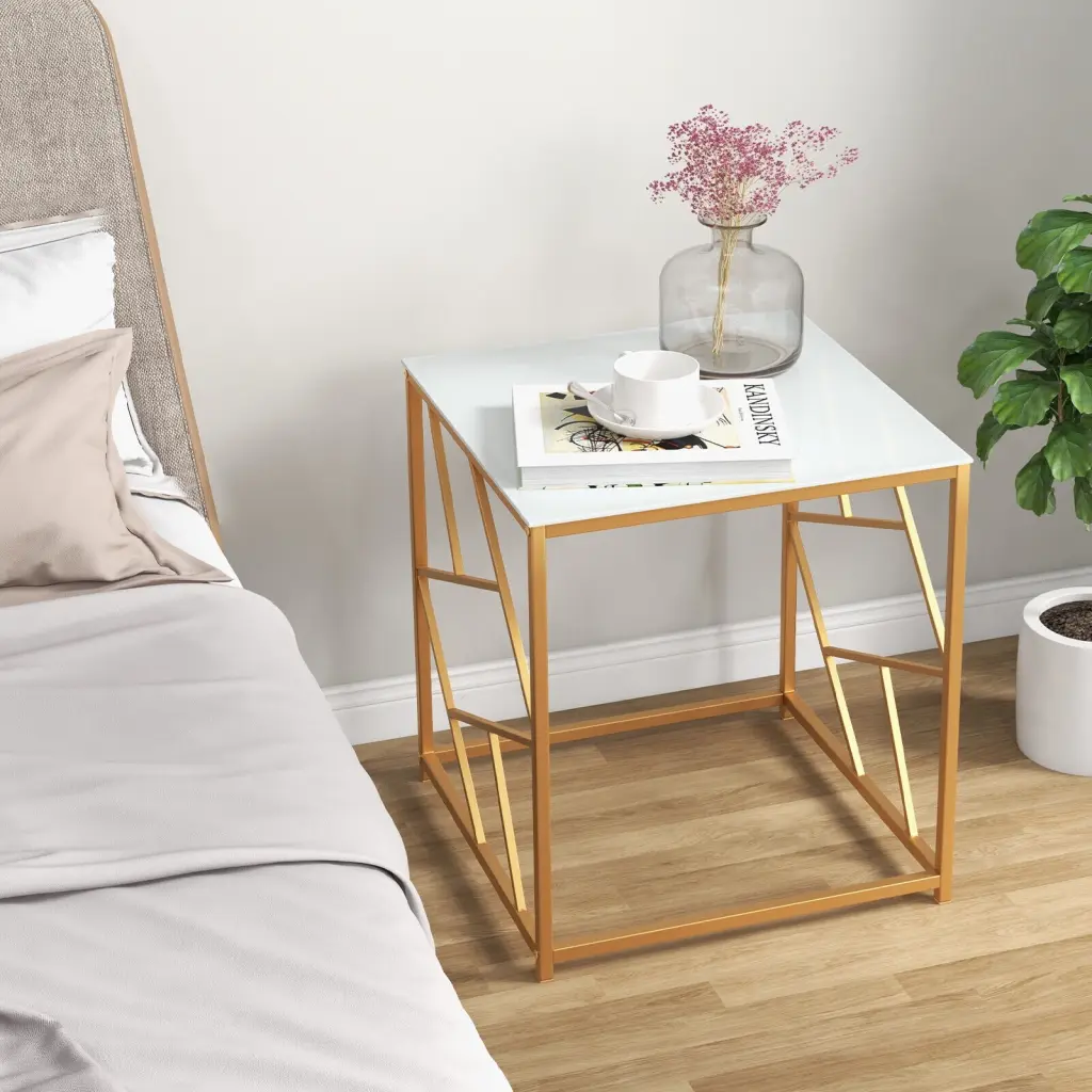 Amijoy Tempered Glass Top Small Coffee Table Golden Metal Frame