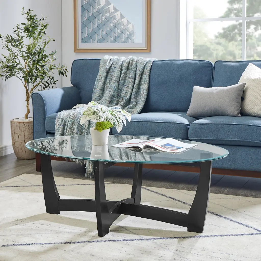 48 Inch Oval Glass Coffee Table Black Round Center Table Living Room chuangyuan wood industry