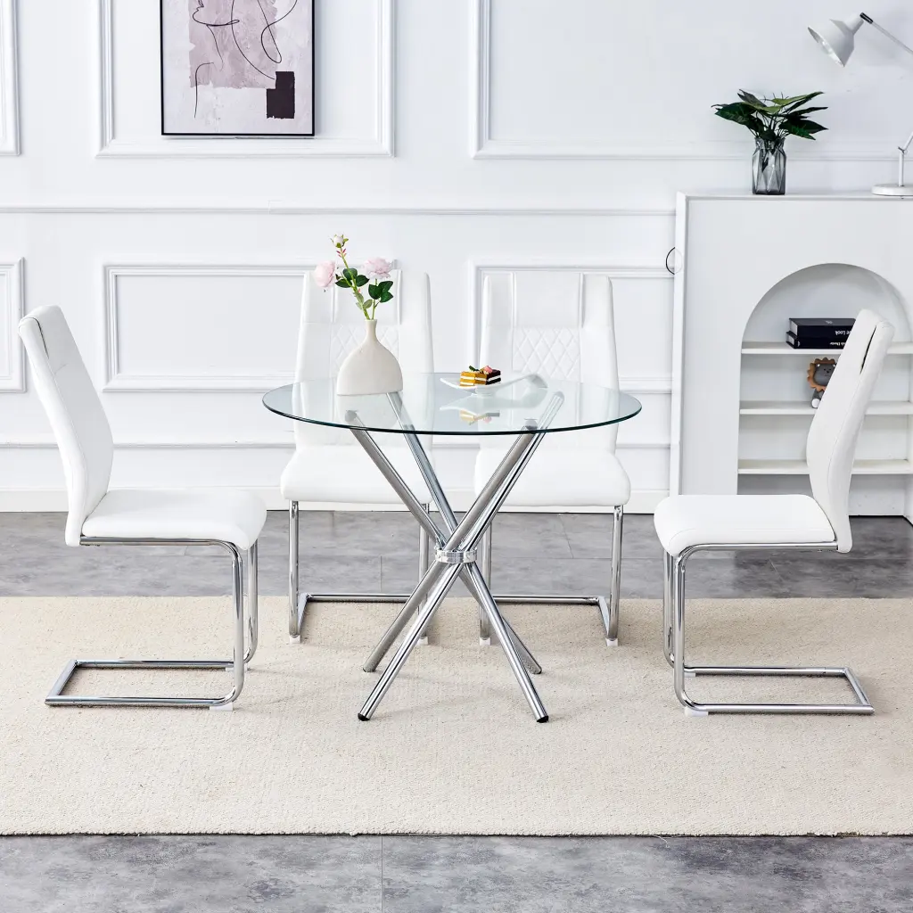 36.6 Inch Round Clear Glass Dining Table Unique Design Table and Chair Set droom w-1151