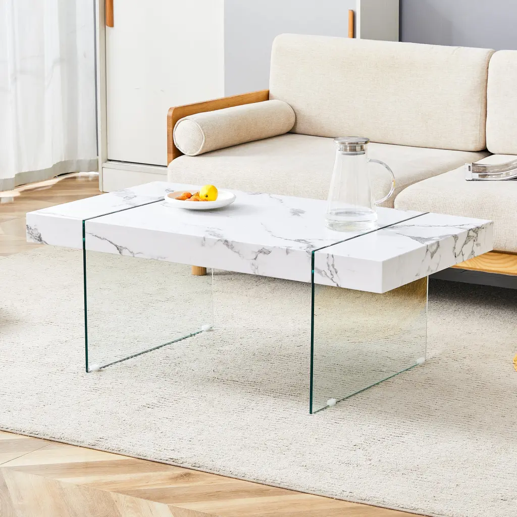 43.3x23.6 Inch White Stone Patterned MDF Coffee Table Tempered Glass Top droom w-1151