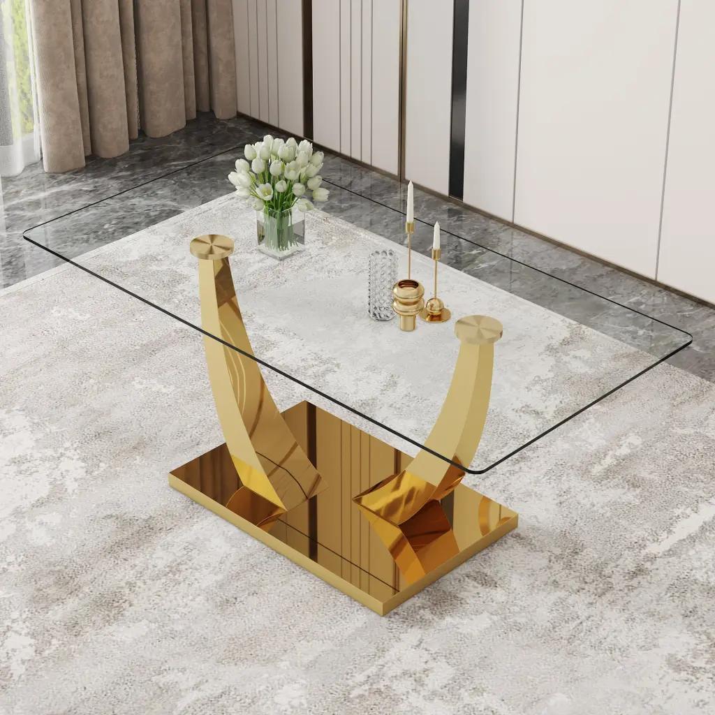 Modern Effortless Rectangular Dining Table Clear Glass Top and Smooth Base droom w-1151