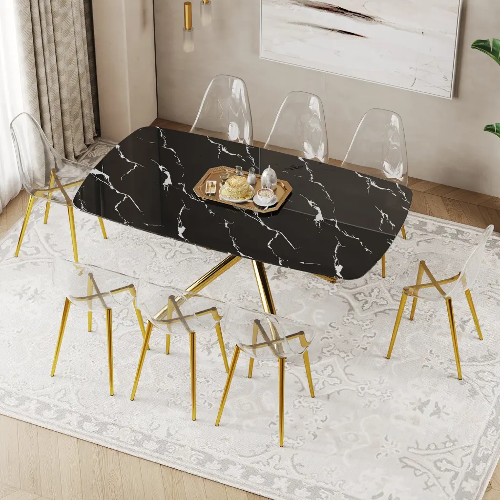 Modern Opulent Black Marble Patterned Tempered Glass Table and Chair Set droom w-1151