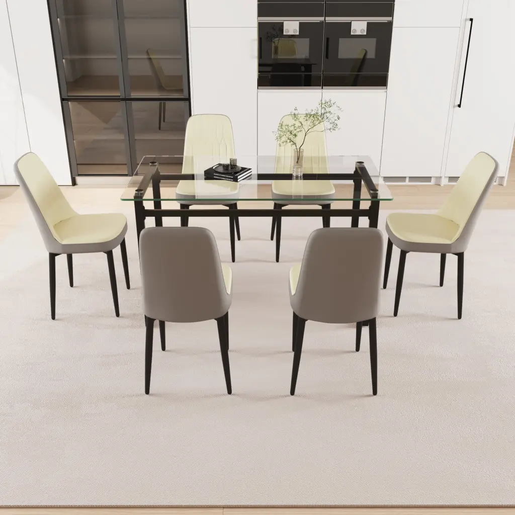 51 Inch 6 Person Glass Dining Table Set Black Metal Legs Kitchen Furniture nuoli furniture