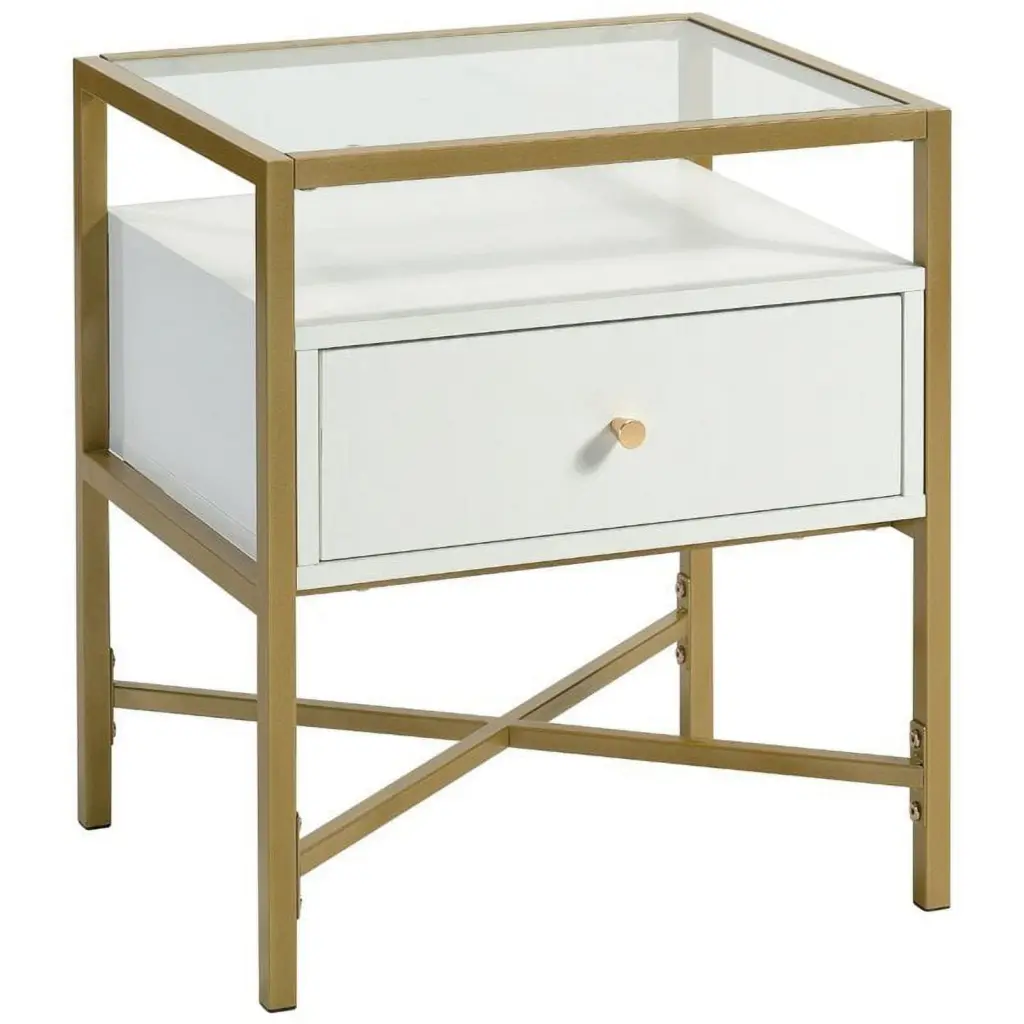 Pemberly Row 1 Drawer Glass Top End Table White and Gold - Elegant Accent Table