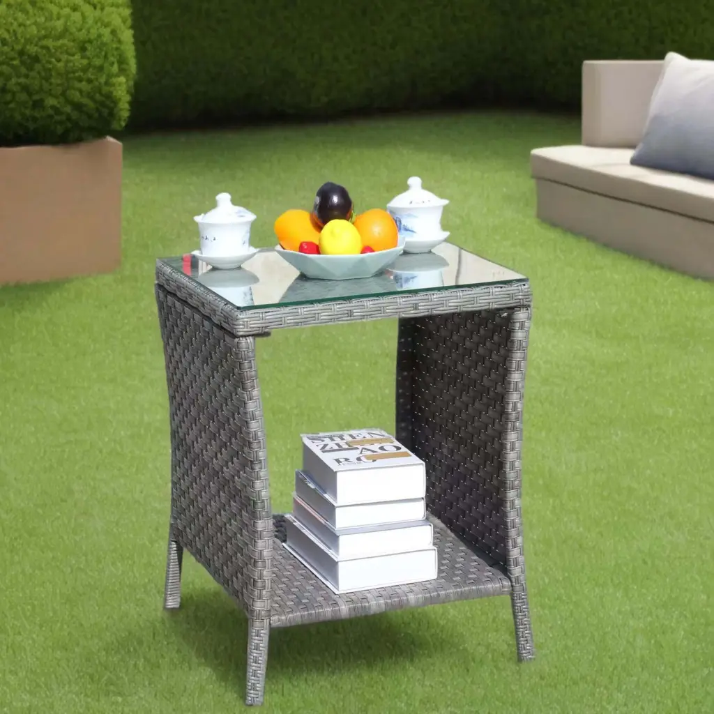 Outdoor Patio Furniture Coffee Table Clear Tempered Glass Top, Grey Metal Frame rattan furniture