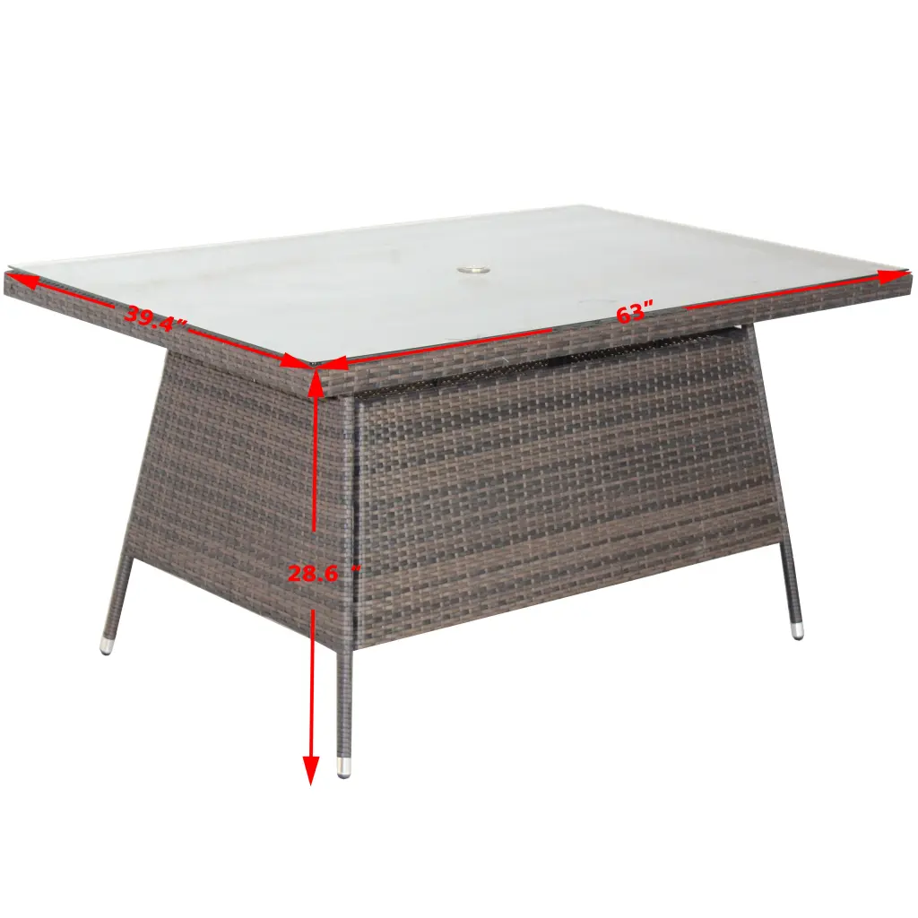 Outdoor Patio Furniture Rectangular Dining Table Clear Tempered Glass Top, Grey Metal Frame rattan furniture