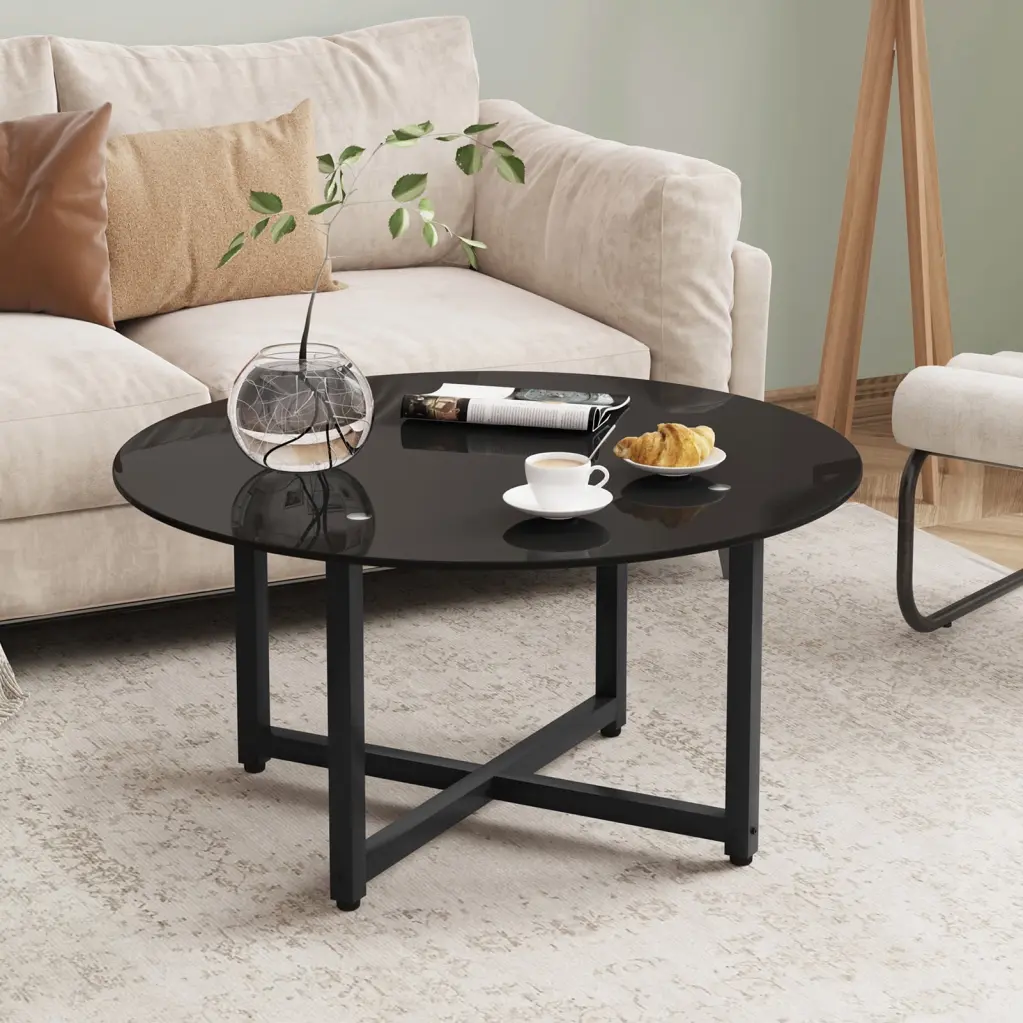 Resenkos 35.5 Modern Black Glass Round Coffee Table Metal Frame