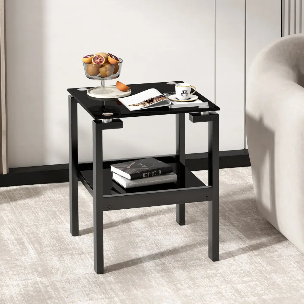 Black Tempered Glass End Table 2 Layers Small Side Table Living Room rnb
