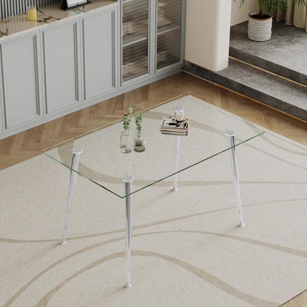 0.32 Inch Thick Tempered Glass Top Dining Table Silver Stainless Steel Base w1241 artisan furniture
