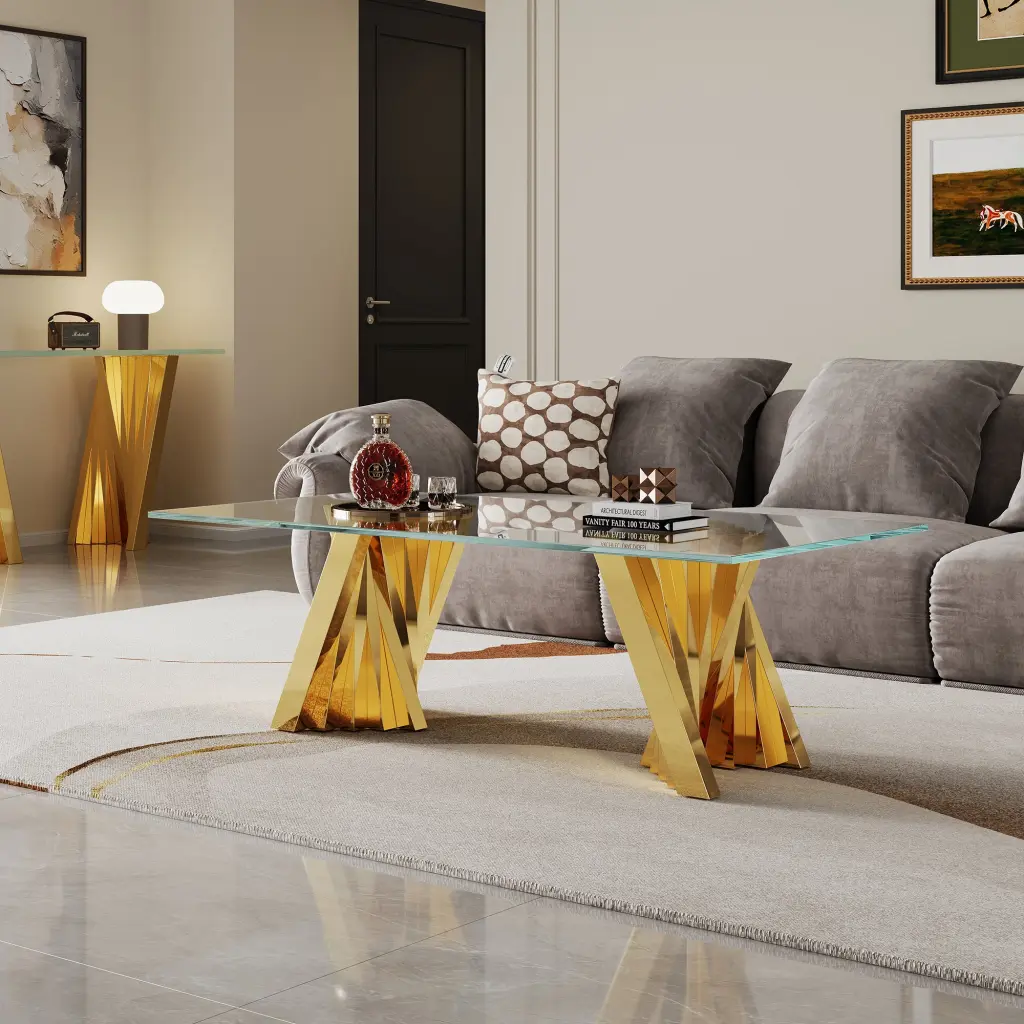 Tempered Crystal Top Coffee Table Precious Metal Mirror Finish Stainless Steel w1241 artisan furniture