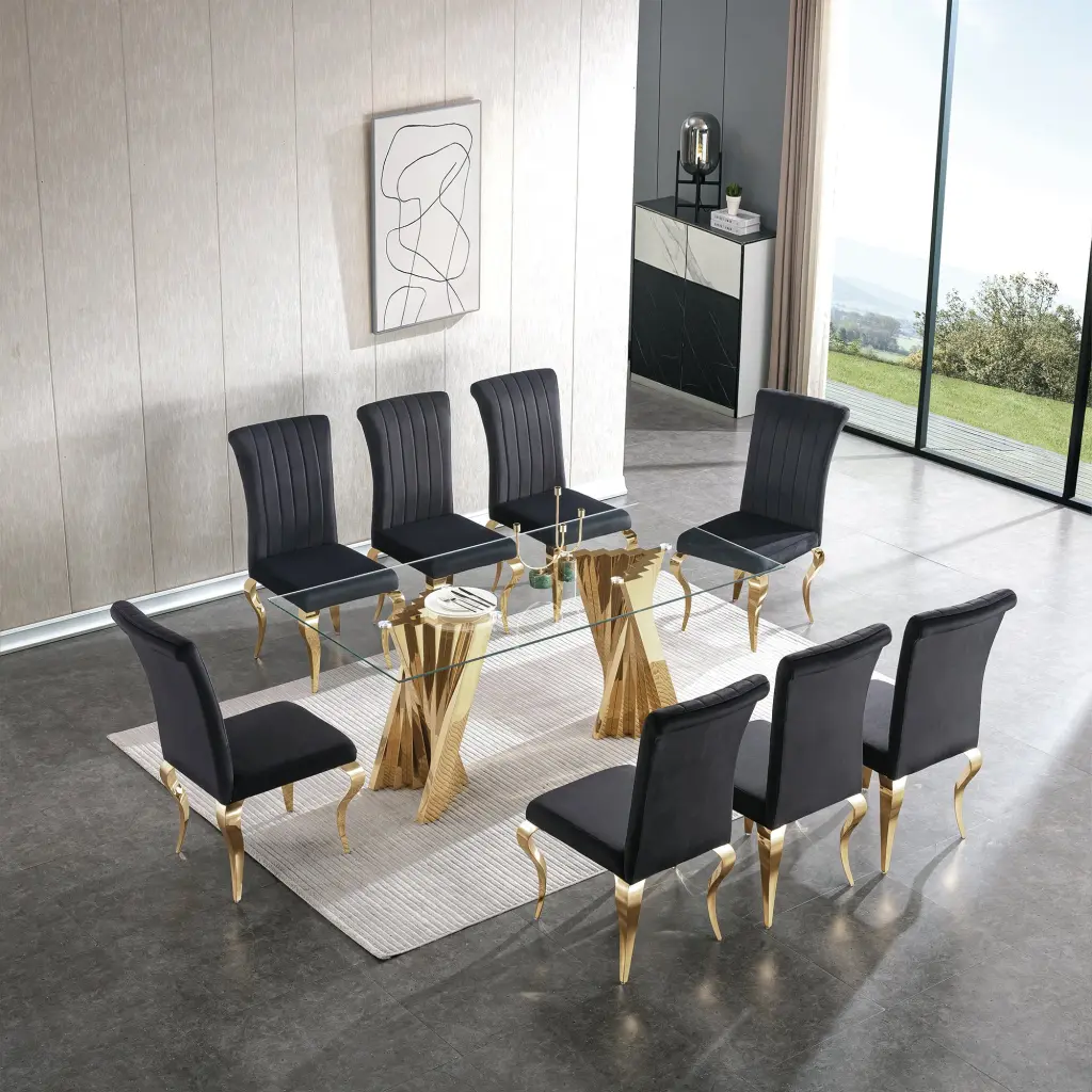 Tempered Glass Top Dining Table Gold Mirror Finish Stainless Steel Base w1311 artisan furniture