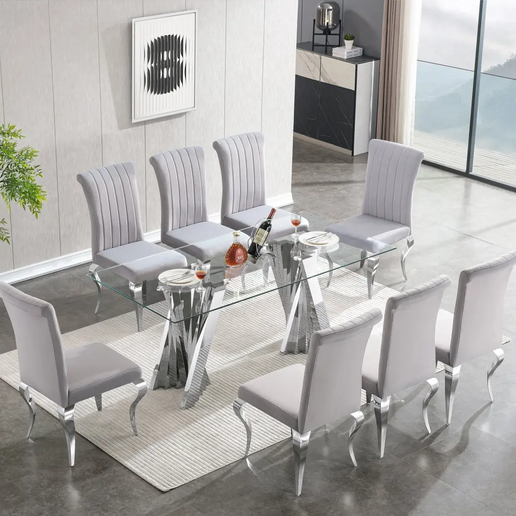 Tempered Glass Top Dining Table Silver Mirror Finish Stainless Steel Base Modern Design w1311 artisan furniture