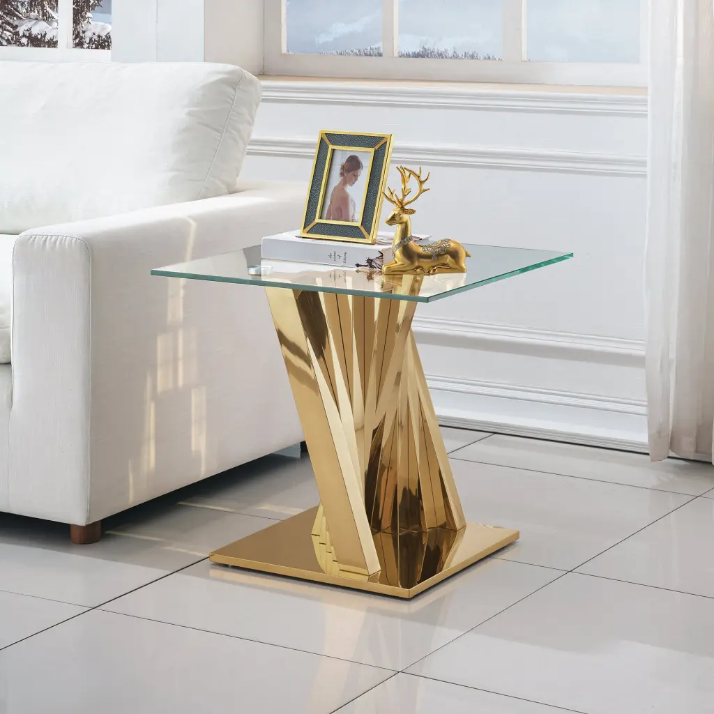 Tempered Glass Top End Table Gold Mirror Finish Stainless Steel Base w1311 artisan furniture