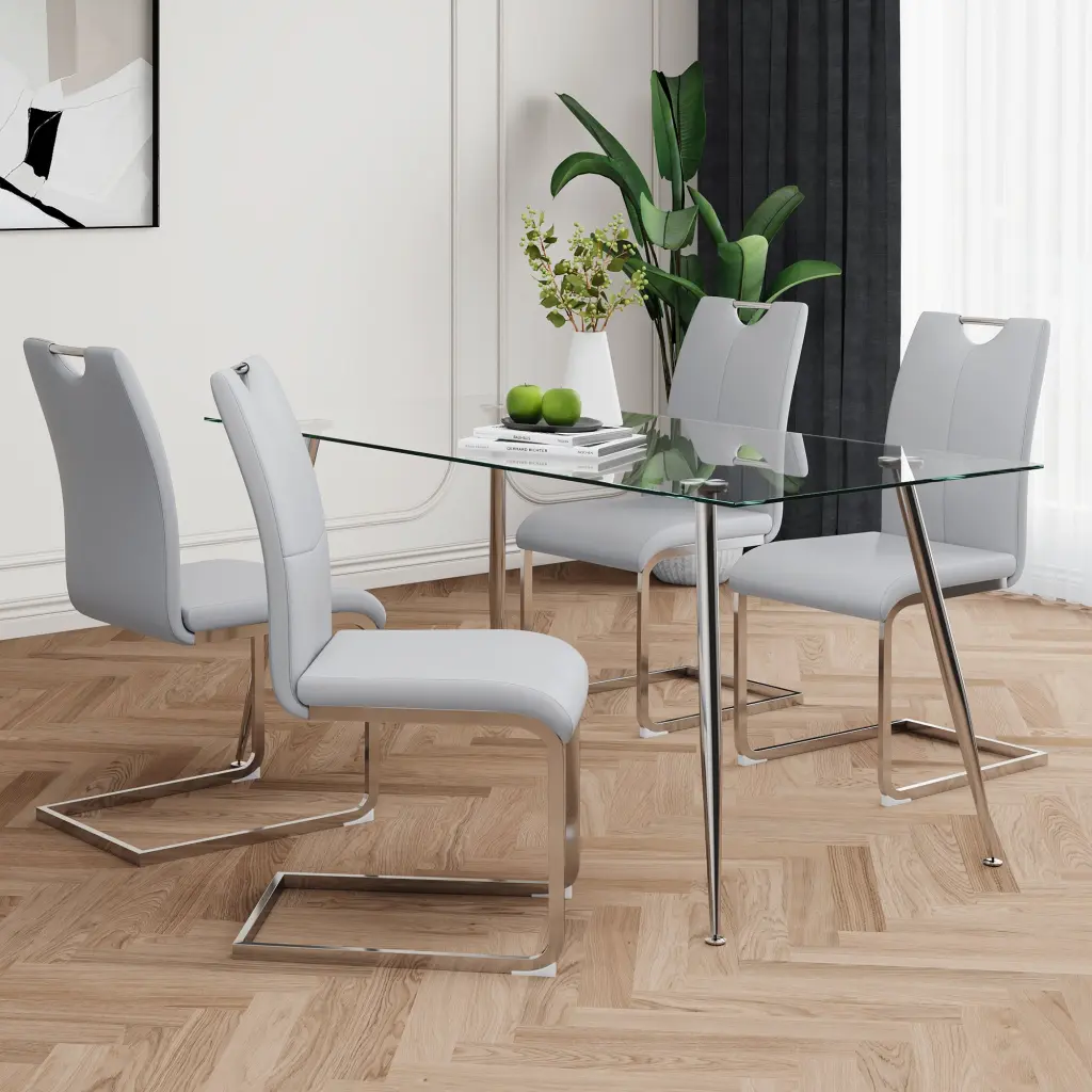 Modern Effortless Rectangular Glass Dining Table Solid Tempered Glass Table Top Chrome Base youngmagic