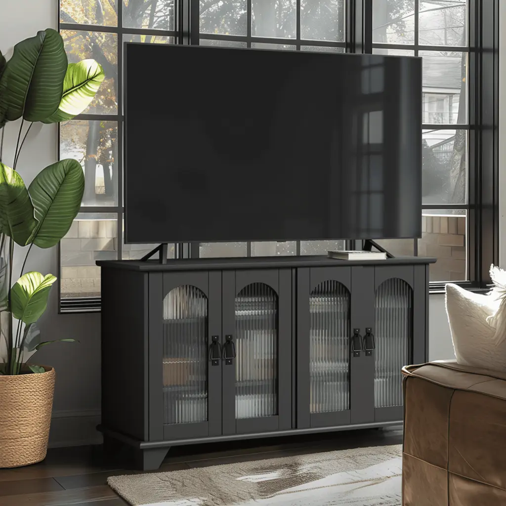 Neutype 45x26x16 Modern Arch Glass TV Stand TVs Up to 65 Inches Black Contemporary Entertainment Center