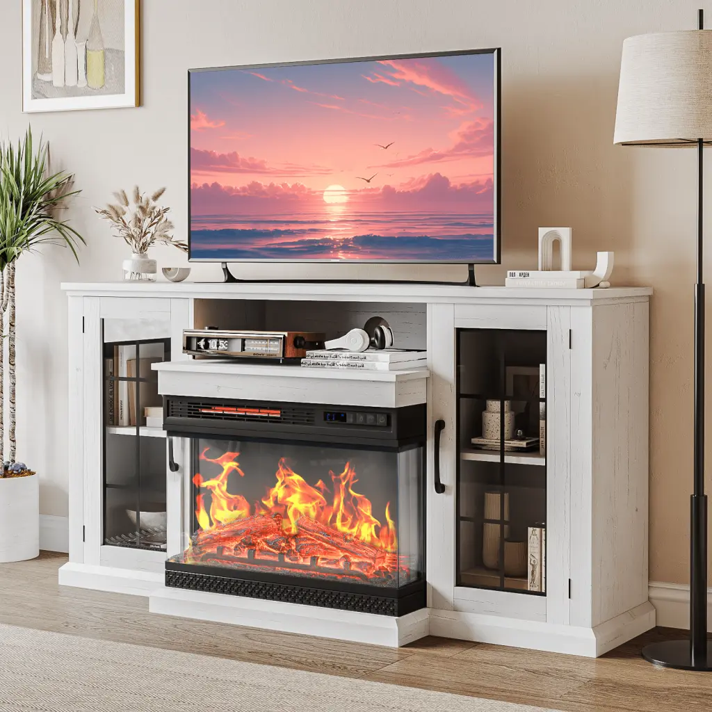 Waleaf 3-Sided Glass Fireplace TV Stand TVs up to 65 Inches Doors and Closed Storage