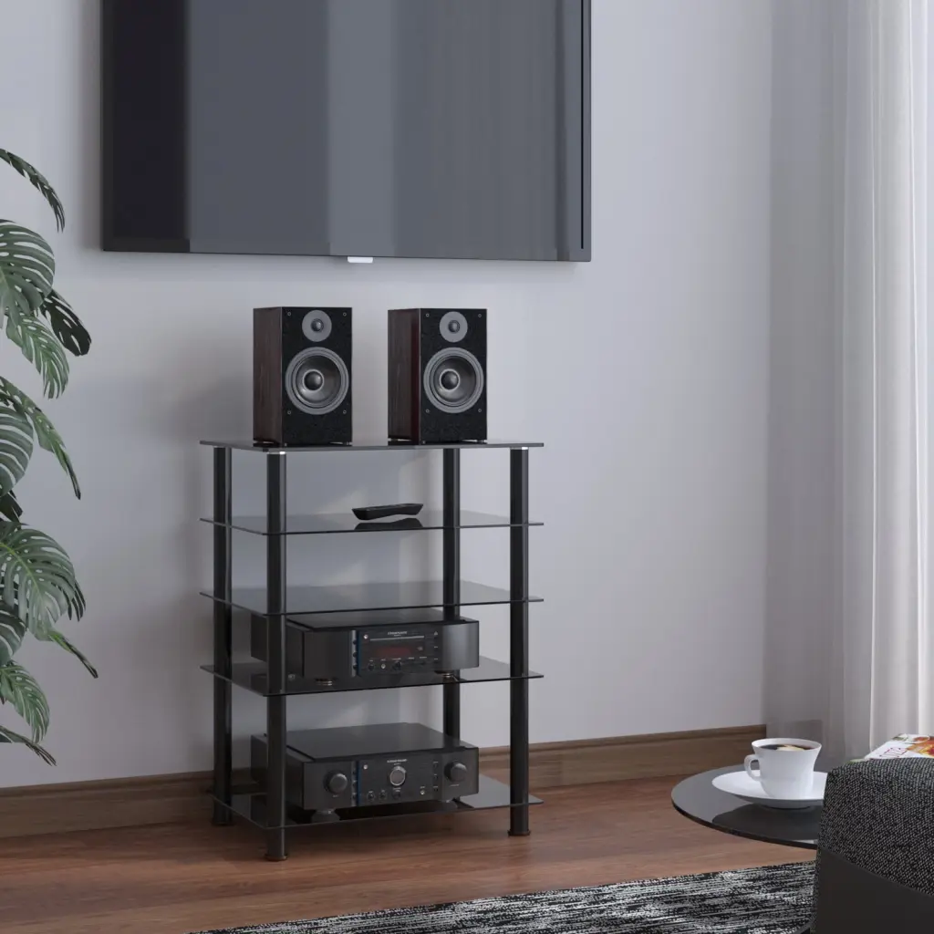YOMT Five-Tiered Black Glass /V Media Stand
