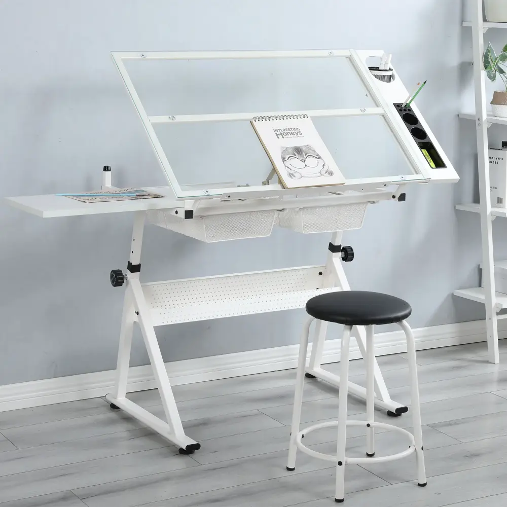 Adjustable Tempered Glass Drafting Printing Table Chair