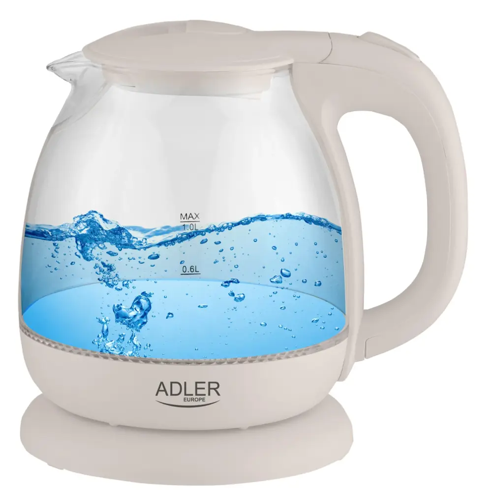 Adler AD 1283C Electric Kettle Glass 1.L 1100W Rotating Base Portable Pocket-sized LED Water Level Indicator
